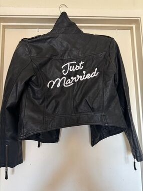 David's Bridal Black Leather Jacket with White "Just Married" Script